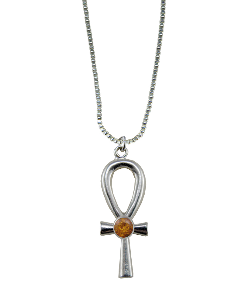 Sterling Silver Egyptian Ankh Pendant With Amber